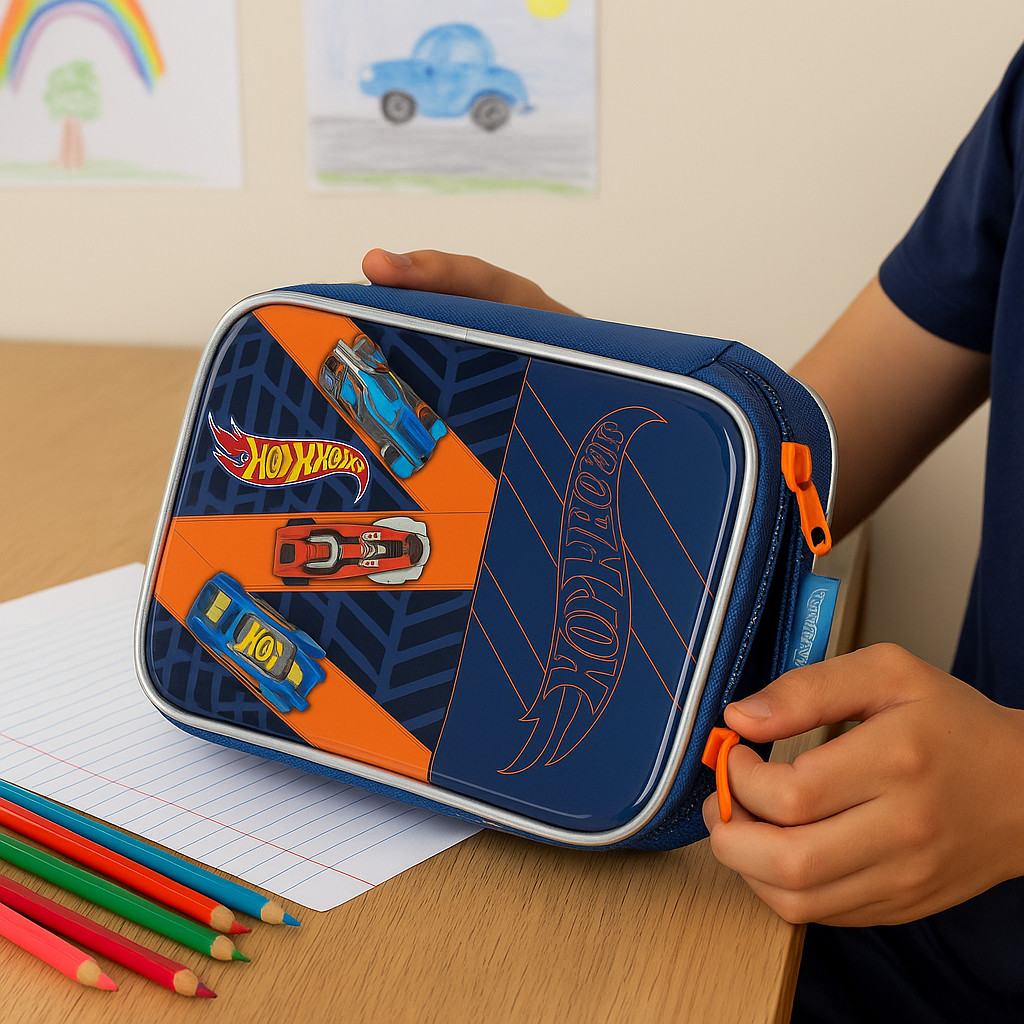 Estojo Box Escolar Masculino Hot Wheels L Pis Luxcel Cor Azul