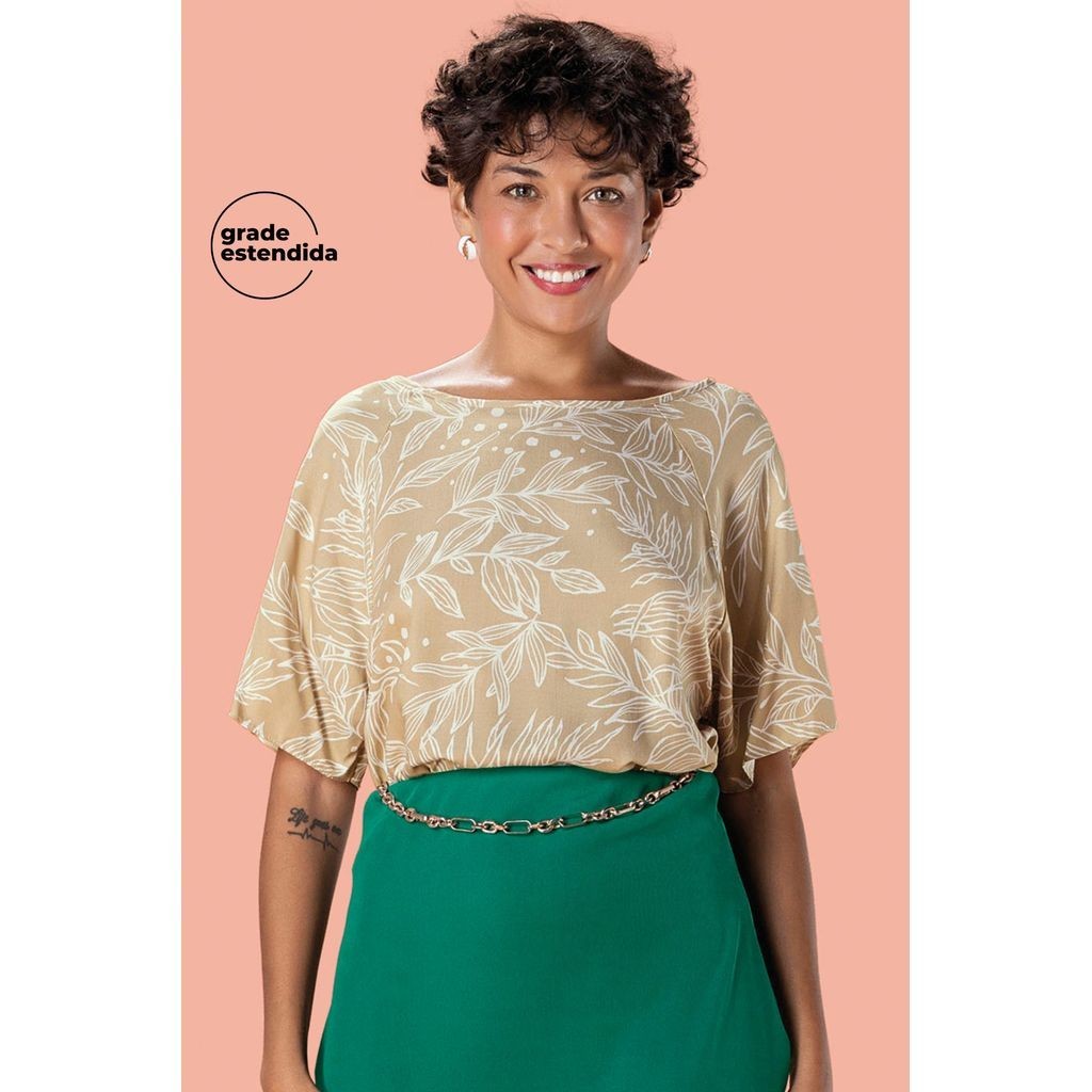 Blusa Feminina Estampada Folhagens Recorte Mangas Marial Cia Bege