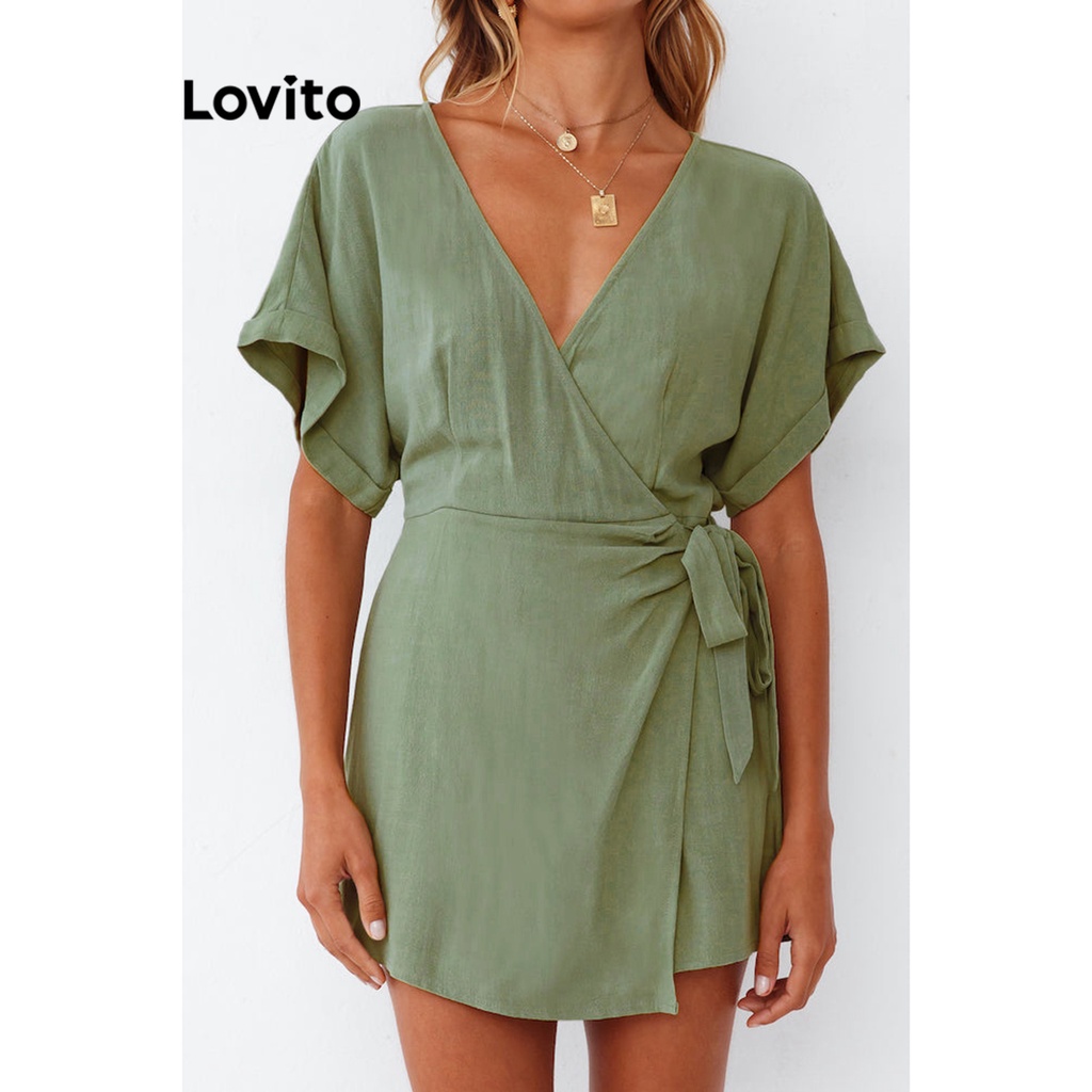 Lovito Casual Macaquinho Feminino Liso Cruzado Básico de Amarrar