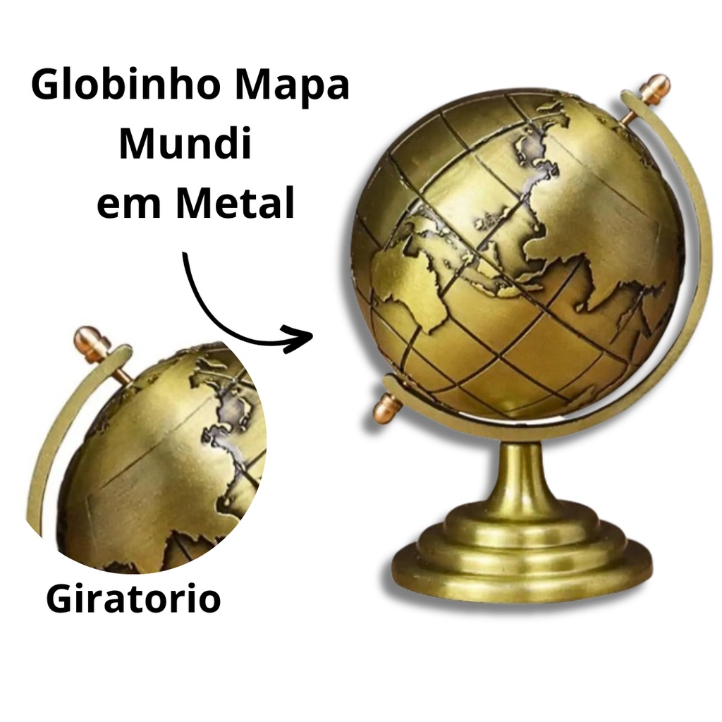 Enfeite Mapa Mundi Globo Terrestre Dourado Giratorio Decoracao Casa