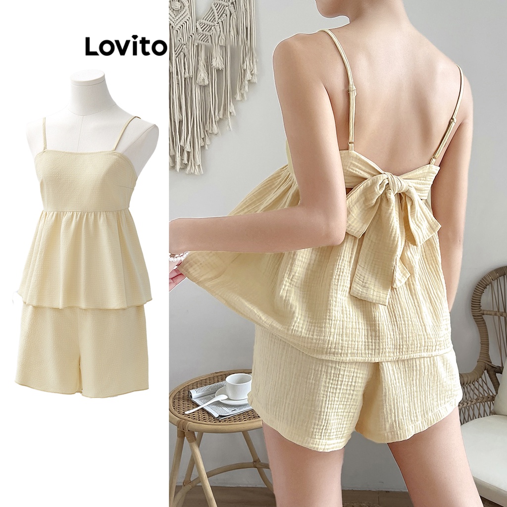 Lovito Casual Conjunto Feminino Liso de Shorts Laço Traseiro e