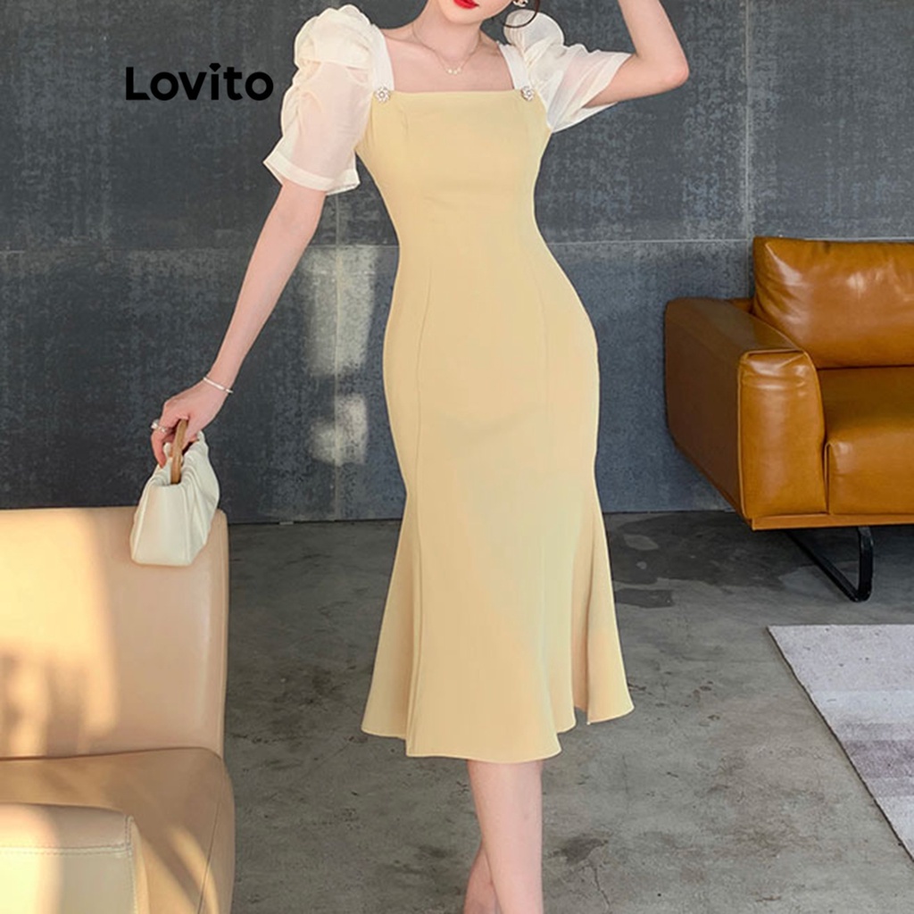 Lovito Casual Vestido Feminino Liso Colorblock Midi Sereia De Manga