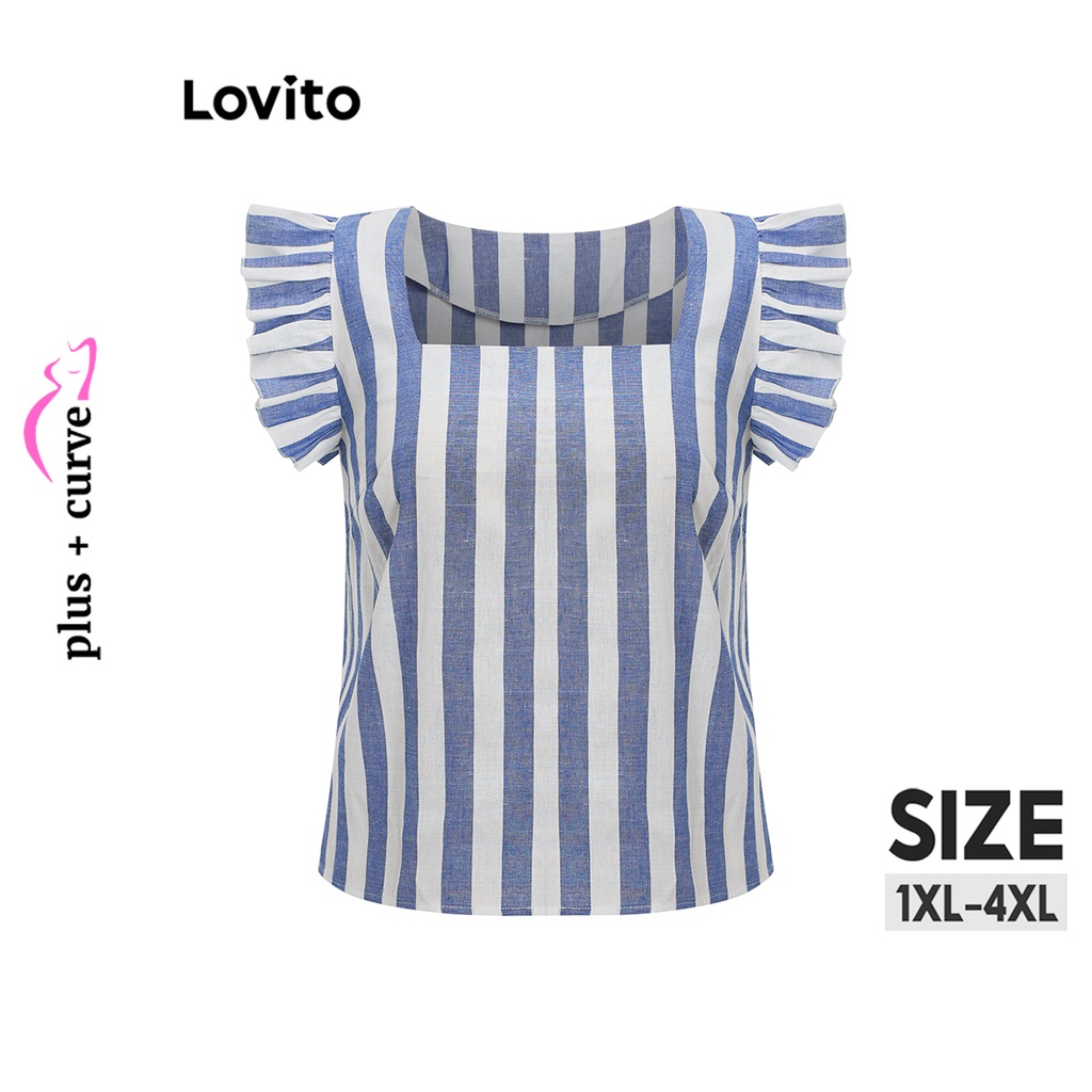 Lovito Plus Size Casual Blusa Feminina Listrada Babados LBE05150