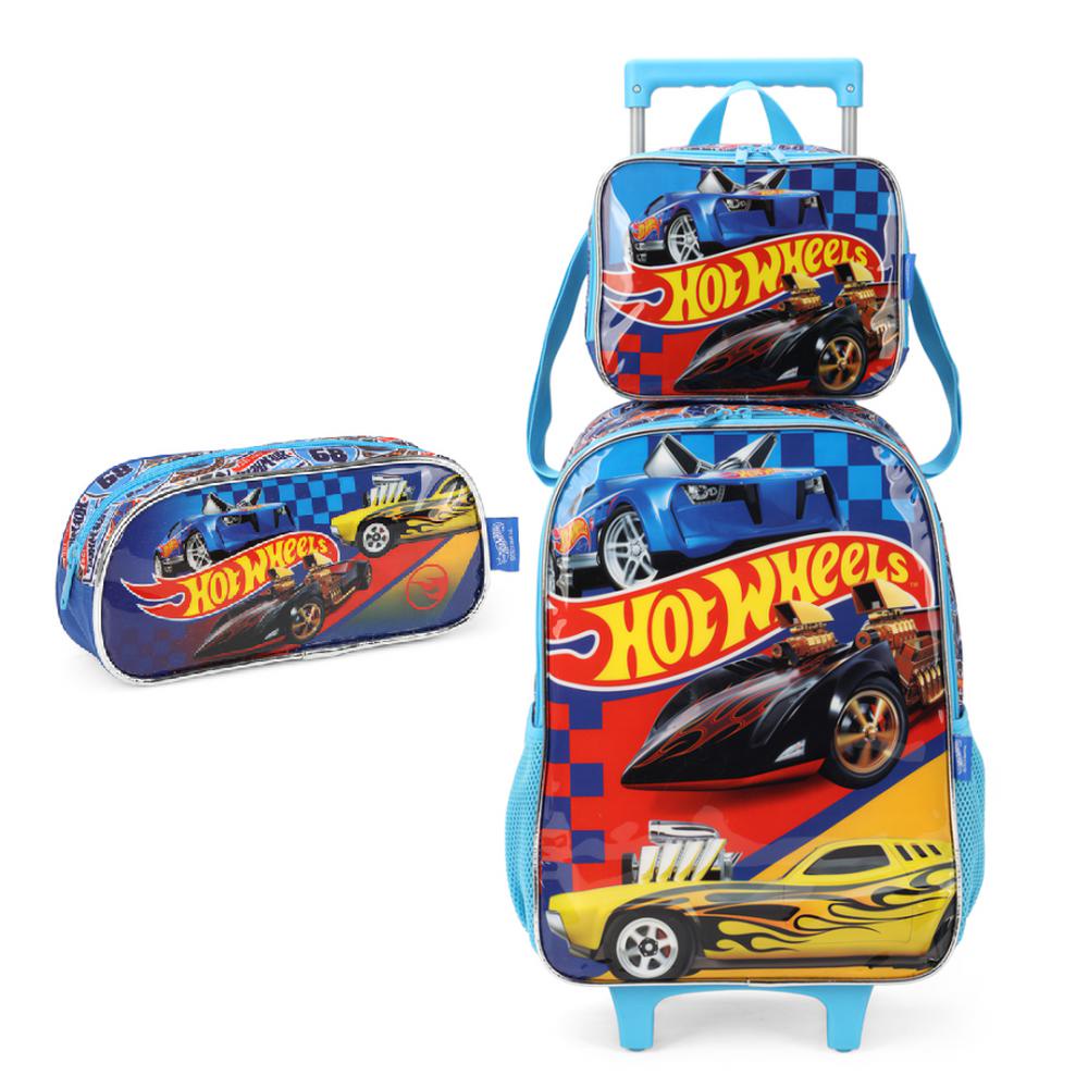 Kit Mochila De Rodinha Hot Wheels Azul Lancheira Estojo Shopee Brasil