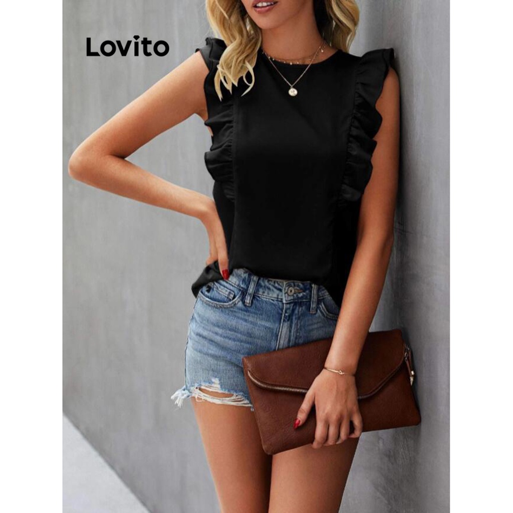 Lovito Blusa Casual Simples Babados Para Mulheres LNE31139 Preto