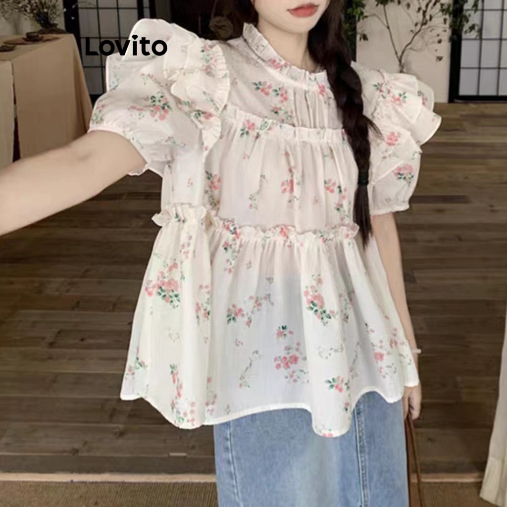 Lovito Casual Blusa Floral Ditsy Amarra O E Babados Para Mulheres