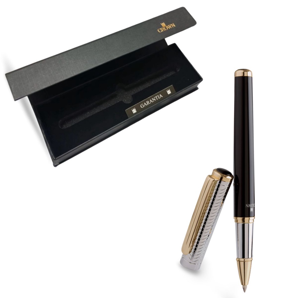 Caneta Rollerball Tinta Crown Regent Preta Prata E Dourado Presente