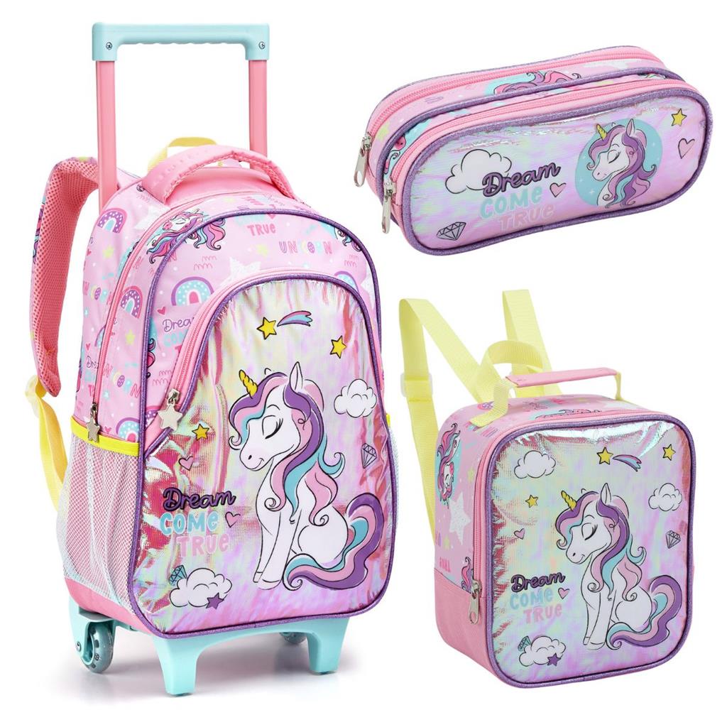 Kit Mochila Rodinhas Lancheira Estojo Unicornio Drem Rosa Shopee Brasil