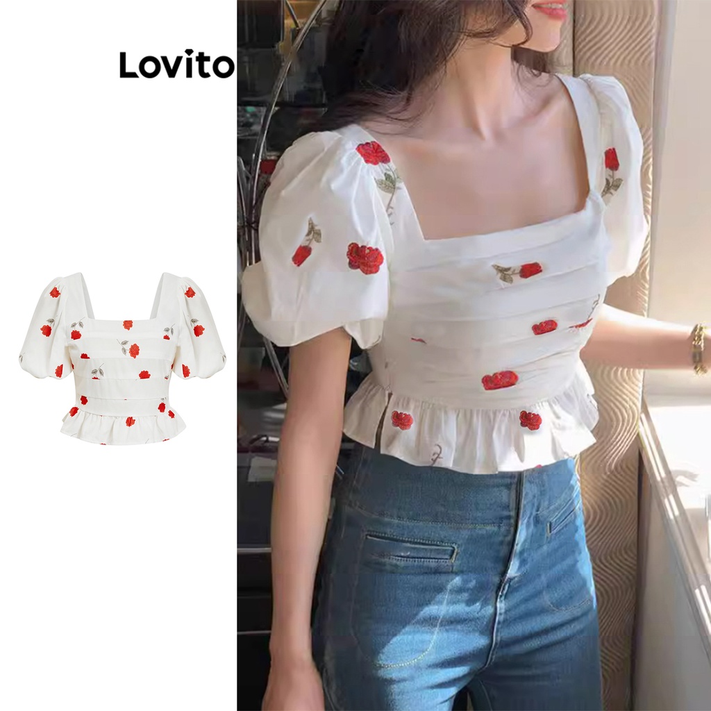 Lovito Blusa Casual Plissada Babado Na Barra E Estampa Floral Para