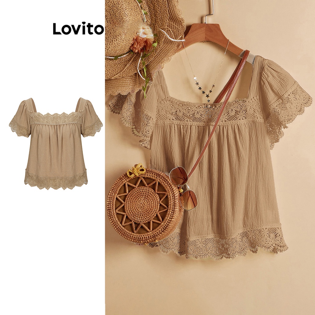 Lovito Casual Blusa Feminina Lisa Jacquard Renda L Ed C Qui