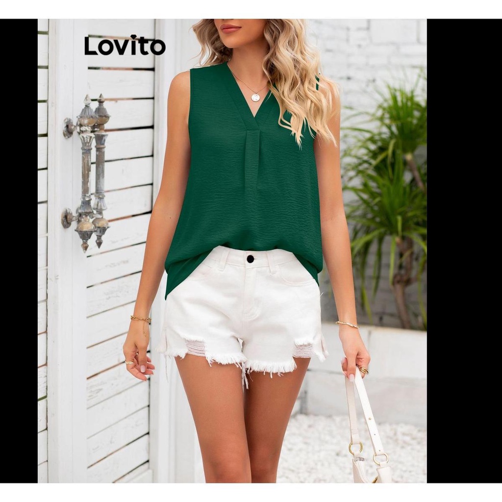 Lovito Blusa Casual Plissada Lisa Para Mulheres Lnl Branco Verde