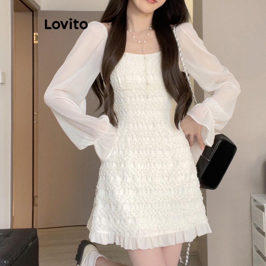 Lovito Vestido Casual Feminino Costura Em Tecido Liso E Decote