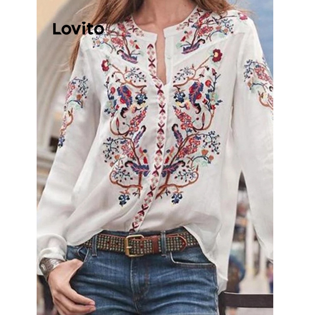 Lovito Blusa Casual Estampa Tribal Padr O Para Mulheres Lnl