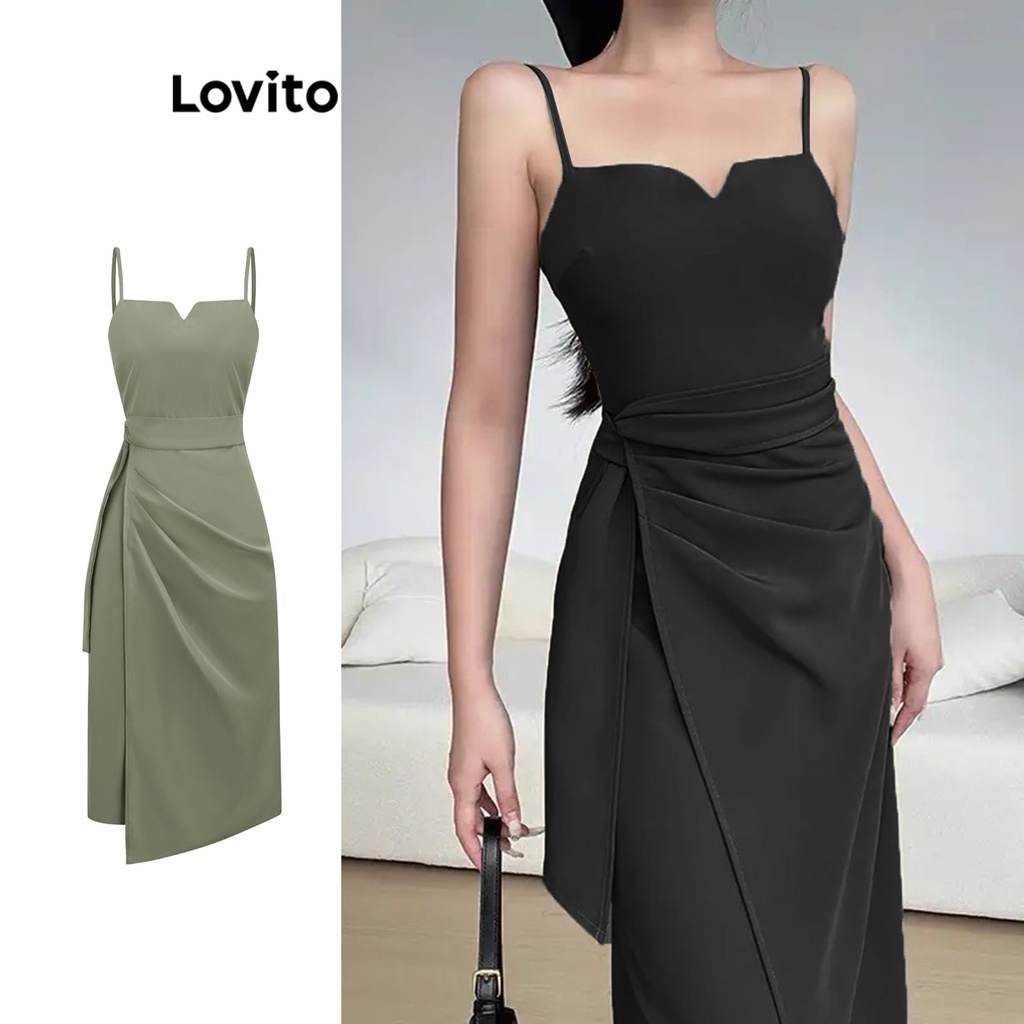 Lovito Elegante Vestido Feminino Liso Cruzado Franzido L Ed Verde