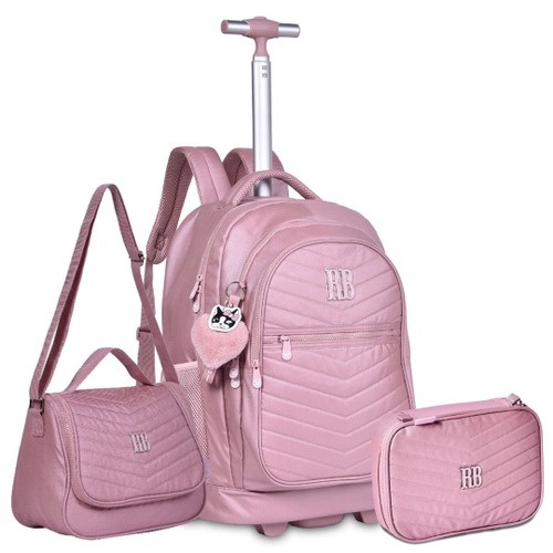 Kit Mochila Rebecca Bonbon Rodas Estojo Lancheira Escolar Rosa Metalico