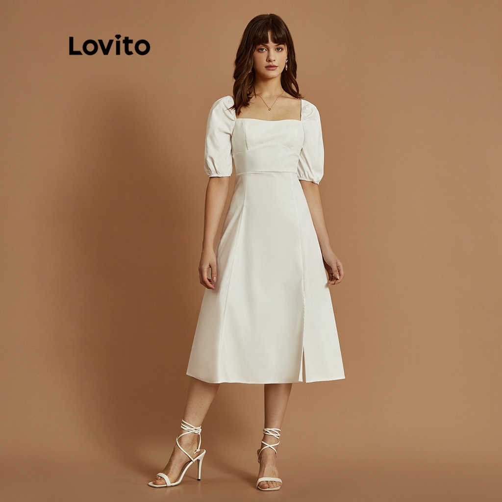 Lovito Elegant Vestido Liso Manga Bufante De Baile Fenda A Line