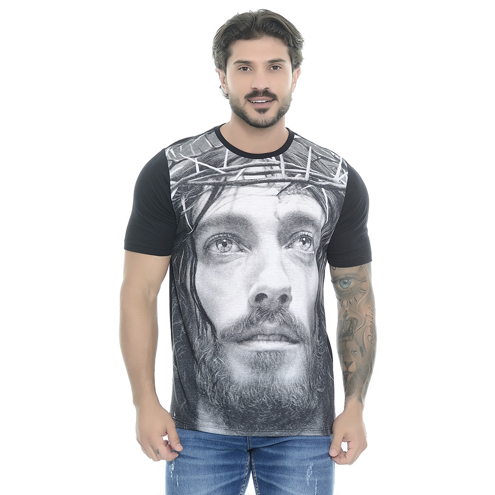 Camiseta Masculina Manga Curta Gola Redonda Estampada Jesus Cristo