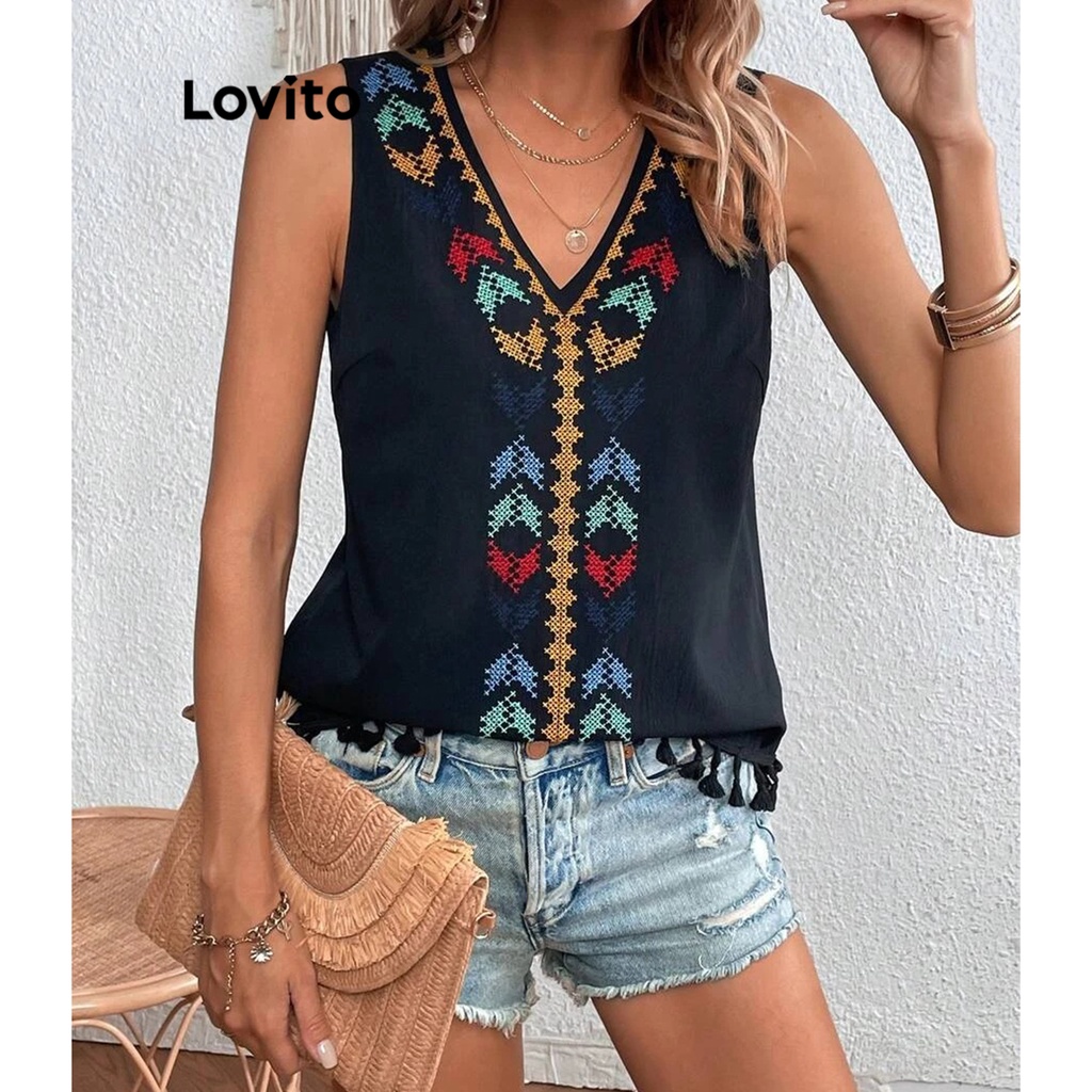 Lovito Casual Blusa Estampa Tribal E Franjas Para Mulheres Lnl