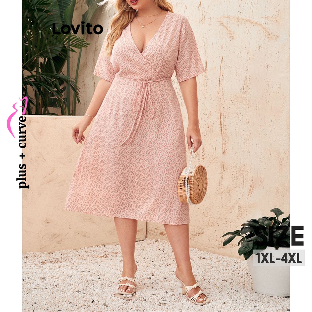 Lovito Vestido Feminino Plus Size Curvo Casual Ditsy Floral Renda