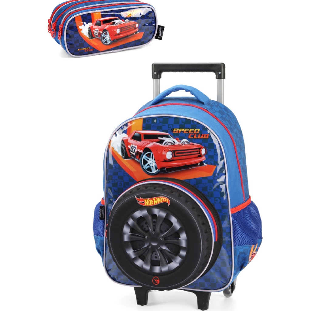 Kit Mochila Rodinha Auto Relevo Azul Estojo Hot Wheels Infantil