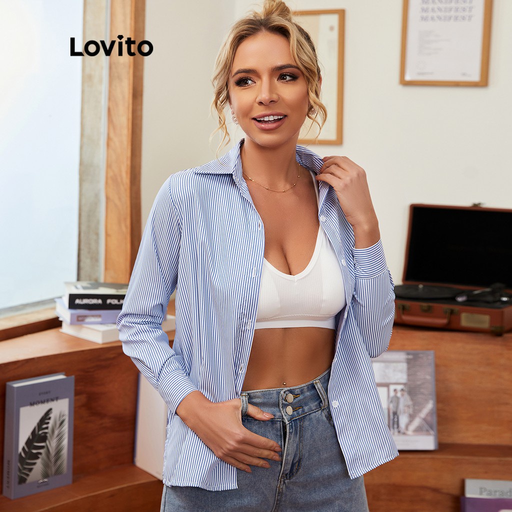 Lovito Casual Blusa Listrada B Sica De O L X Azul Shopee Brasil