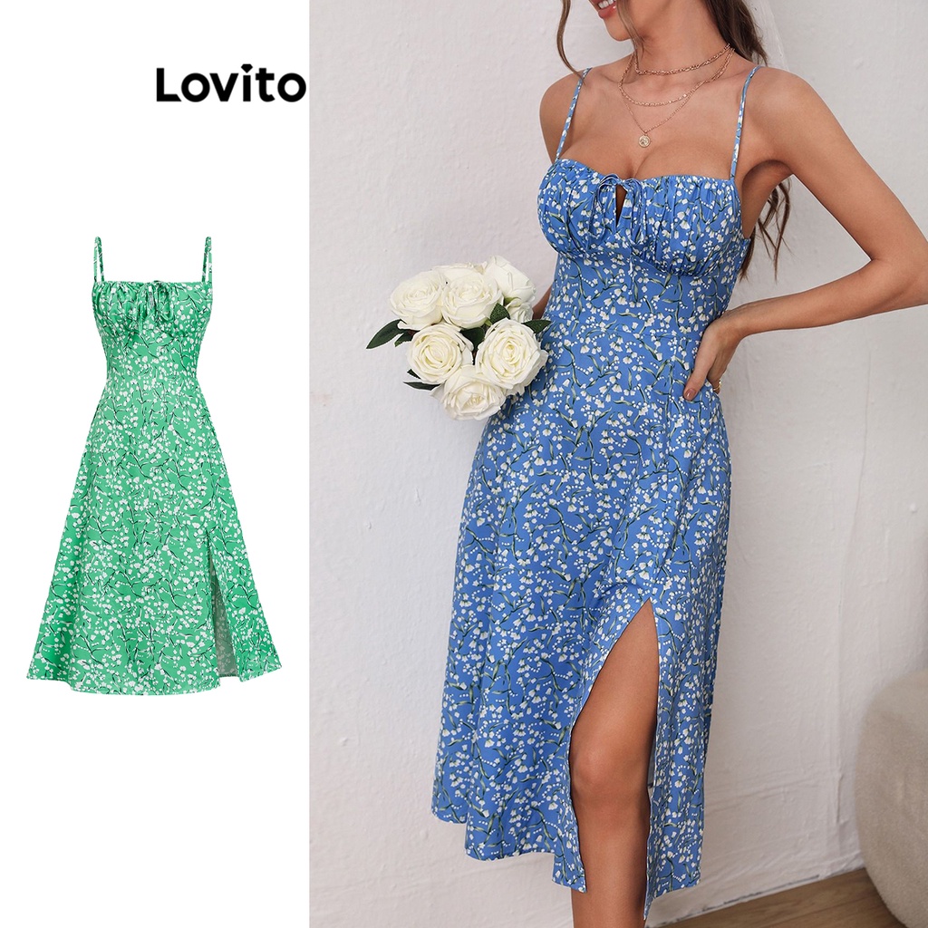 Lovito Vestido Boho Ditsy Floral Dividido Frontal Renda Para