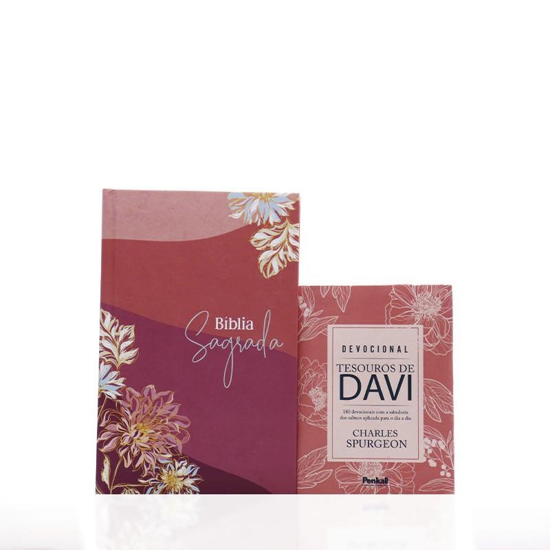 Kit Bíblia NVI Slim Ondas Devocional Tesouros de Davi Pink Flowers