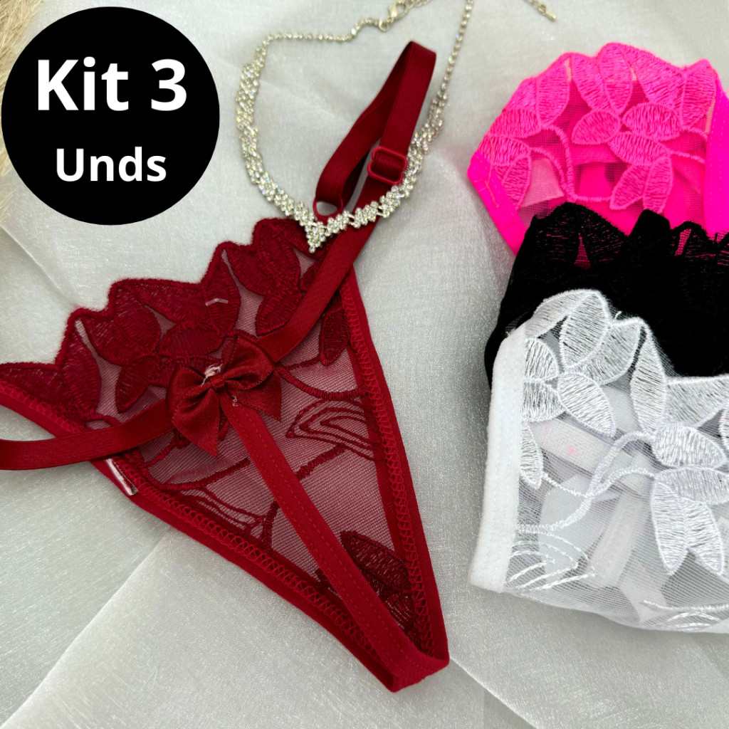 Kit 3 Calcinhas Tanga Fio Dental Sexy Lingerie em De Tule Laço