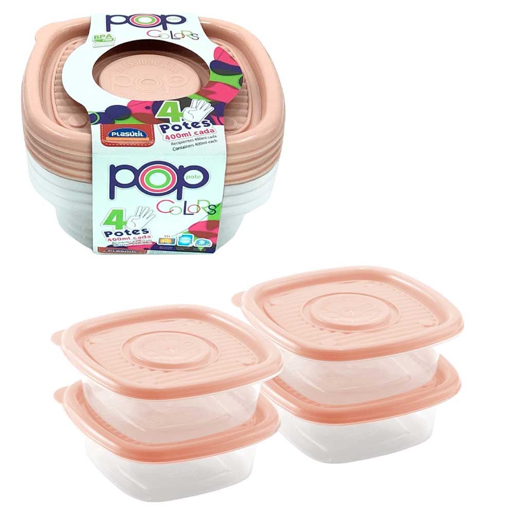 Kit 4 potes 400ml plástico Rosa Salmão para alimentos frutas legumes