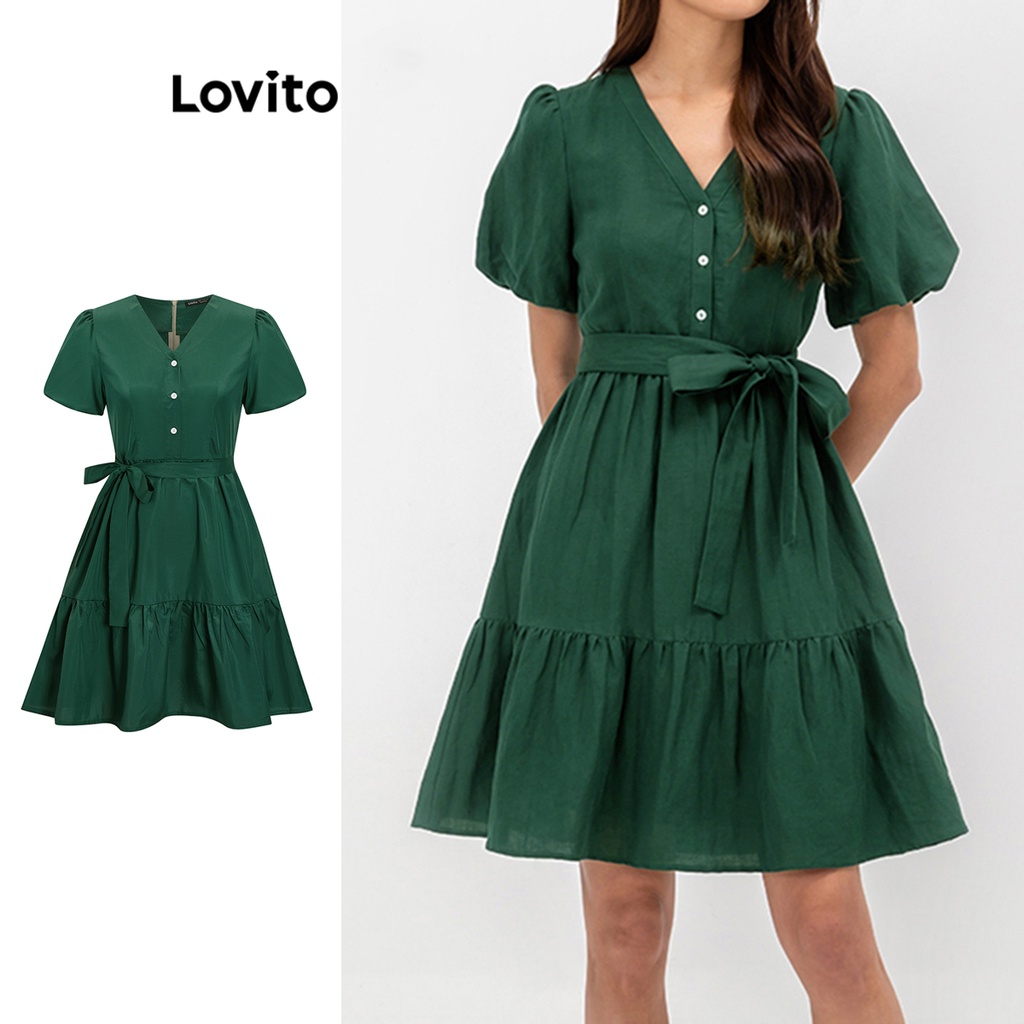 Lovito Casual Vestido Feminino Liso de Manga Bufante Botão Frontal