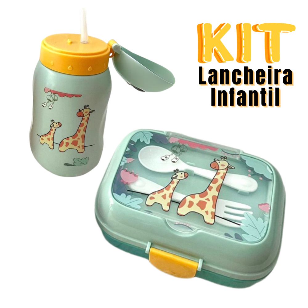 Kit Pote Lancheira Infantil Marmita 450ml 2 Talheres Garrafa