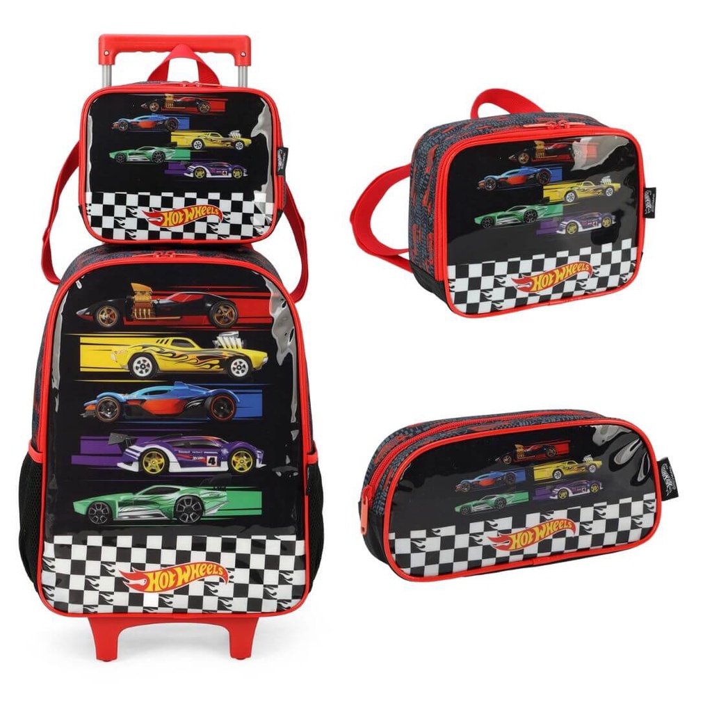 Mochila Infantil Rodinhas Hot Wheels Lancheira E Estojo Preto
