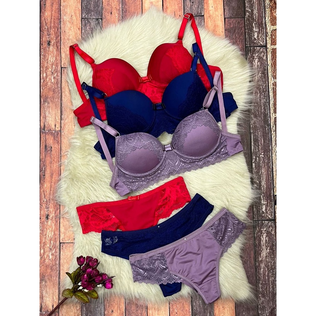 Kit 3 Conjuntos de Lingerie Sutiã Rendado e Calcinha Fio Duplo