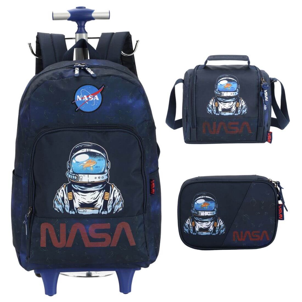 Mochila Infantil Rodinhas Nasa Astronauta Lancheira E Estojo