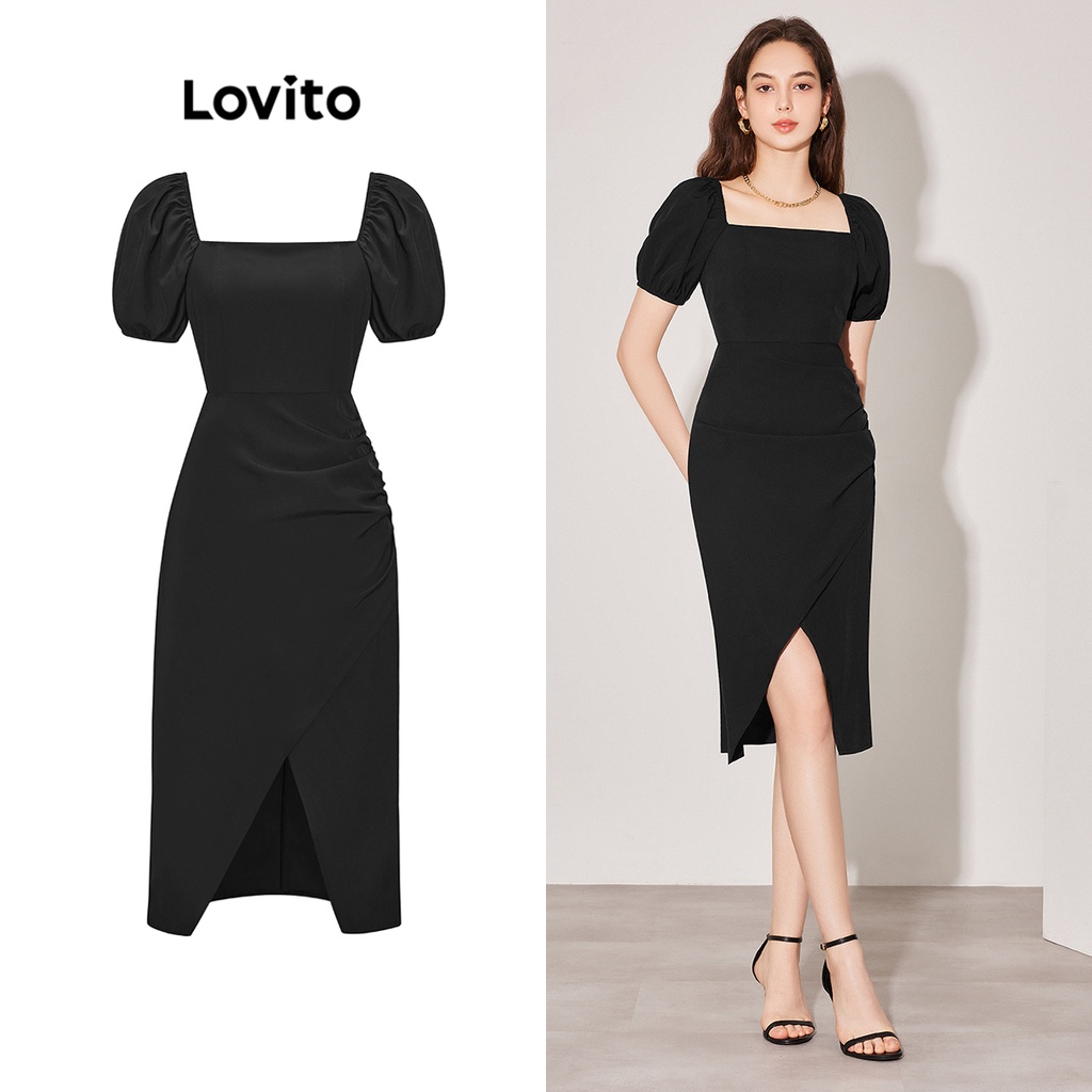 Lovito Elegante Vestido Simples Dividido Plissado Feminino L59ED134