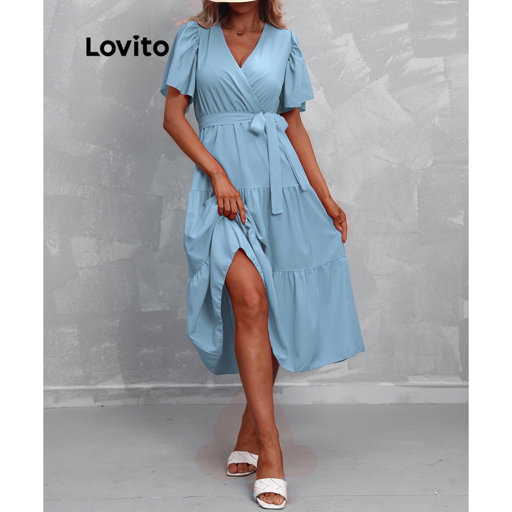 Lovito Vestido Boho Liso Renda Para Mulheres Lnl Azul Claro