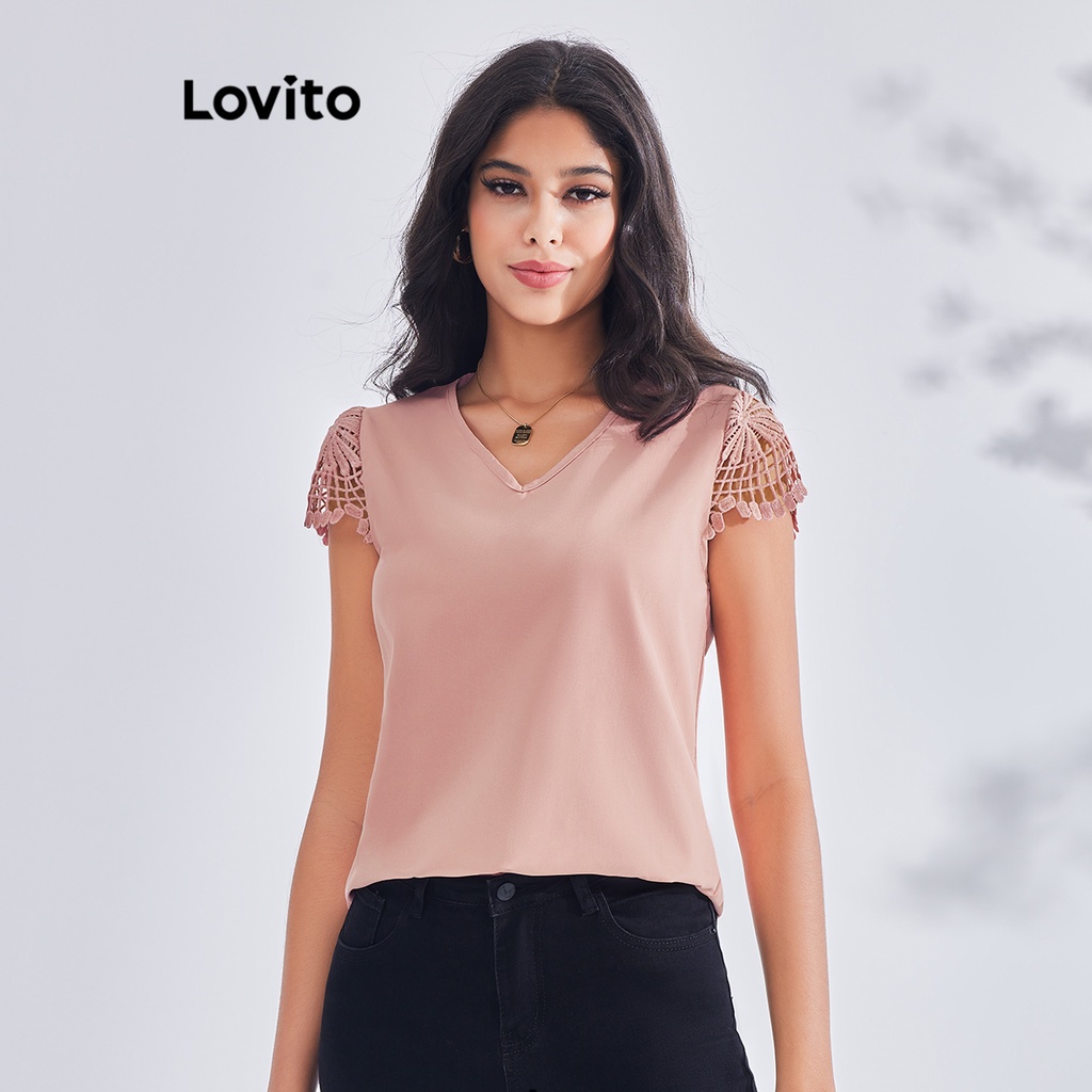 Lovito Blusa Casual Costura Em Tecido De Renda Lisa Para Mulheres