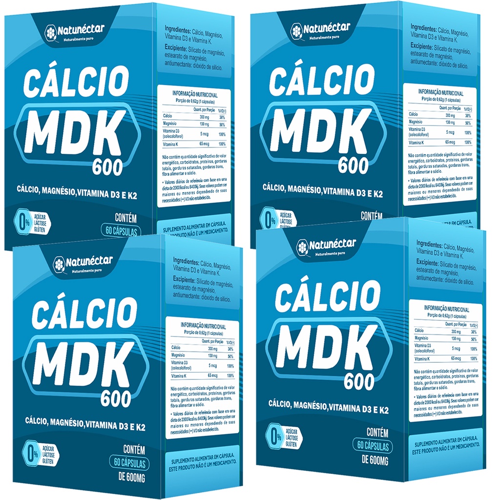 Kit 4 Potes Calcio MDK Suplemento Alimentar Natural Vitaminas 100