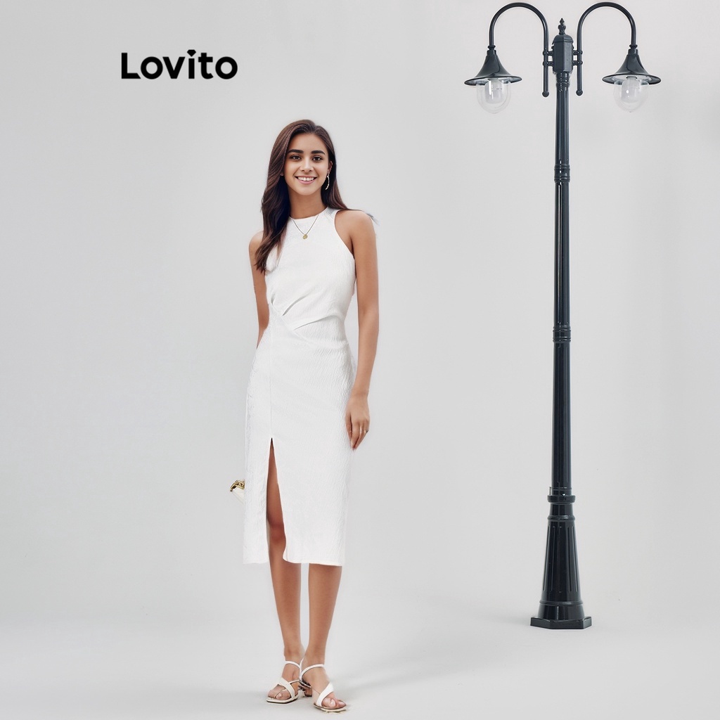 Lovito Casual Vestido Feminino Liso Franzido Fenda L Ed