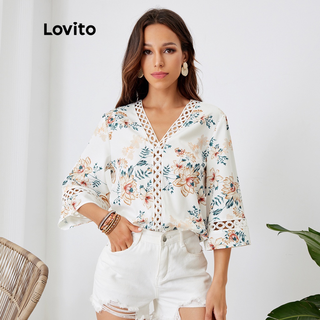 Lovito Boho Blusa Floral Renda Contraste L24LD111 Branco Shopee