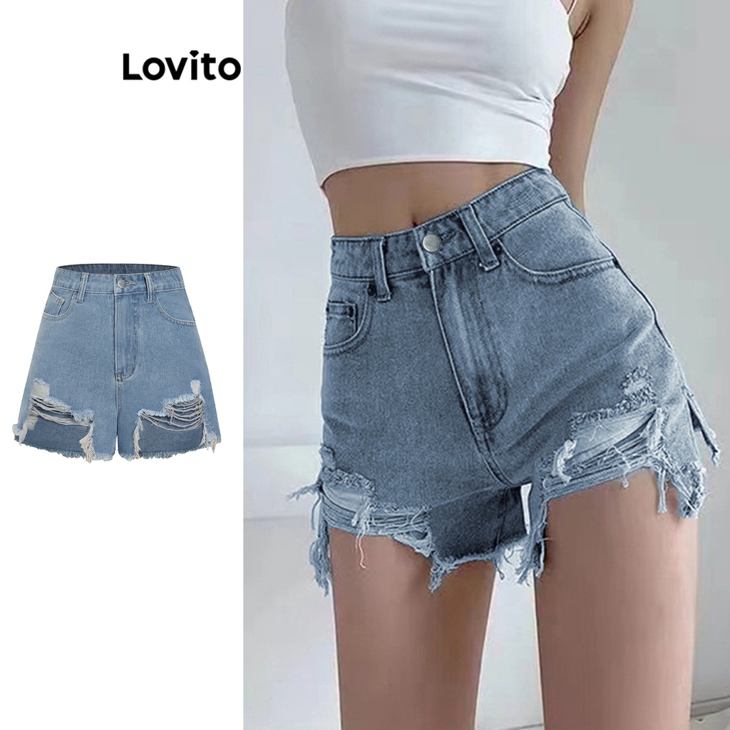 Lovito Casual Shorts Jeans Barra Crua E Rasgados Para Mulheres