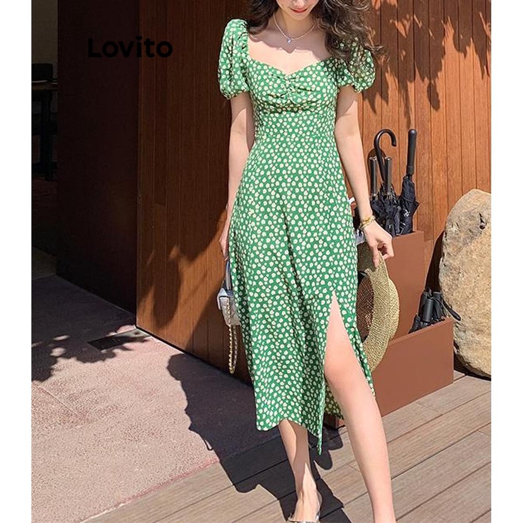 Lovito Vestido Elegante Ditsy Floral Manga Bufante Para Mulheres