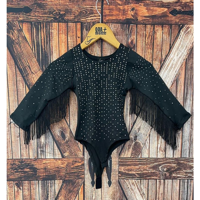 Body Infantil Manga Longa Strass Preto Country E Religioso Franja