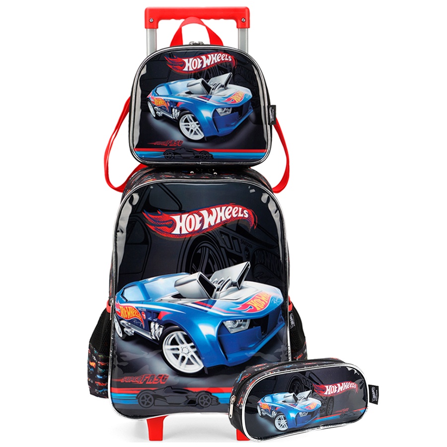 Kit Mochila De Rodinhas Hot Wheels Estojo LancheiraTermica Preto