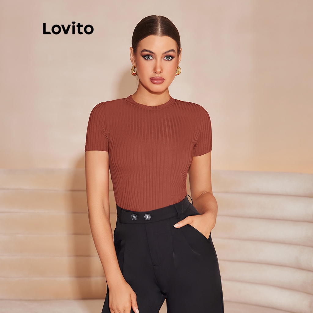 Lovito Camiseta Feminina Casual Lisa B Sica De Malha Canelada Manga