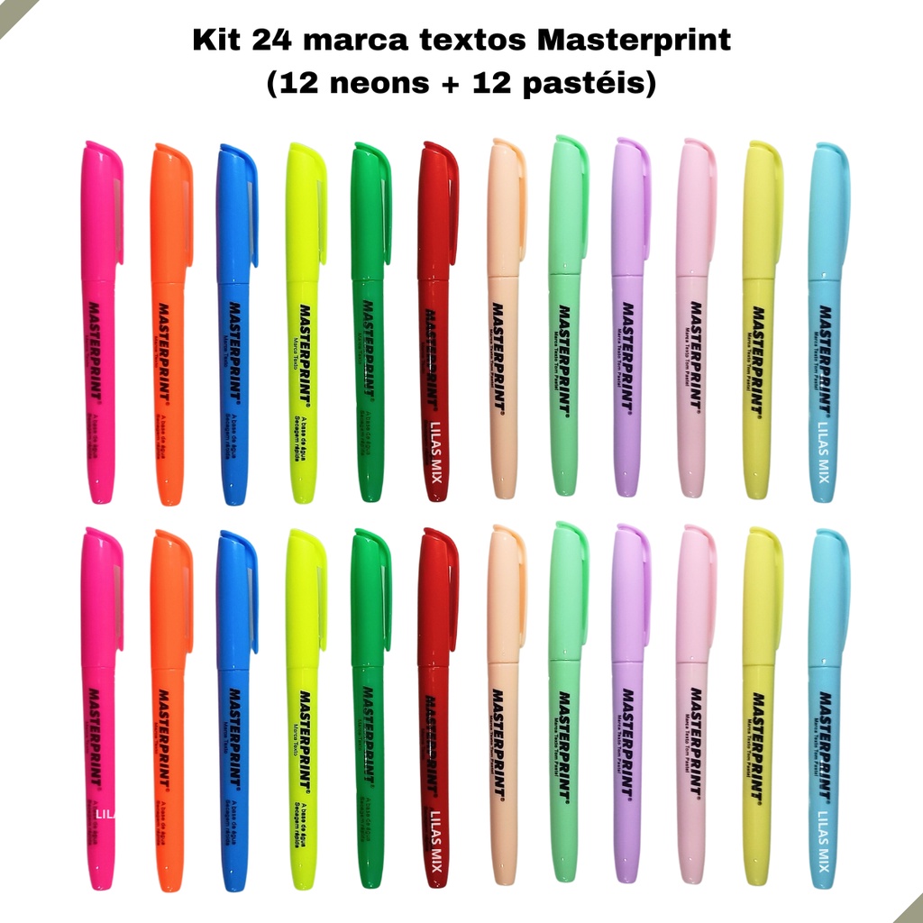 Kit 24 Marca Textos Masterprint 12 Neon 12 pastéis Shopee Brasil