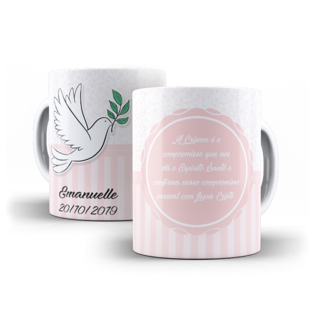 Caneca Cerâmica Crisma Nome e Frase Delicada Rosa Menina Católica