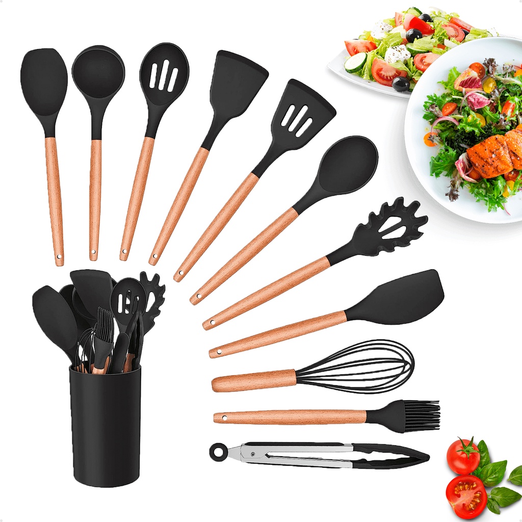 Kit 12 Utensílios De Cozinha Em Silicone E Cabo De Madeira Shopee Brasil