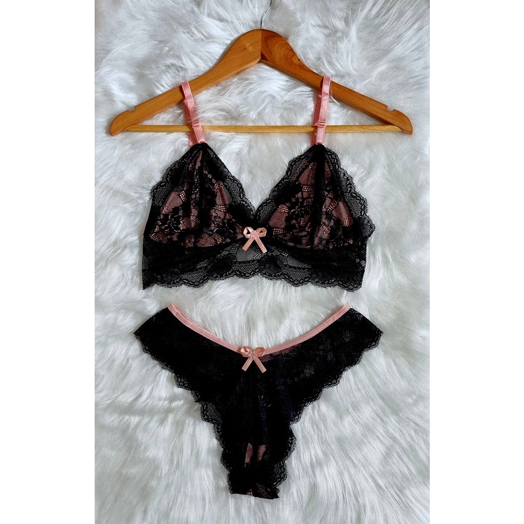 Conjunto Renda Bicolor Lingerie Feminina De Luxo Sem Bojo Aurora