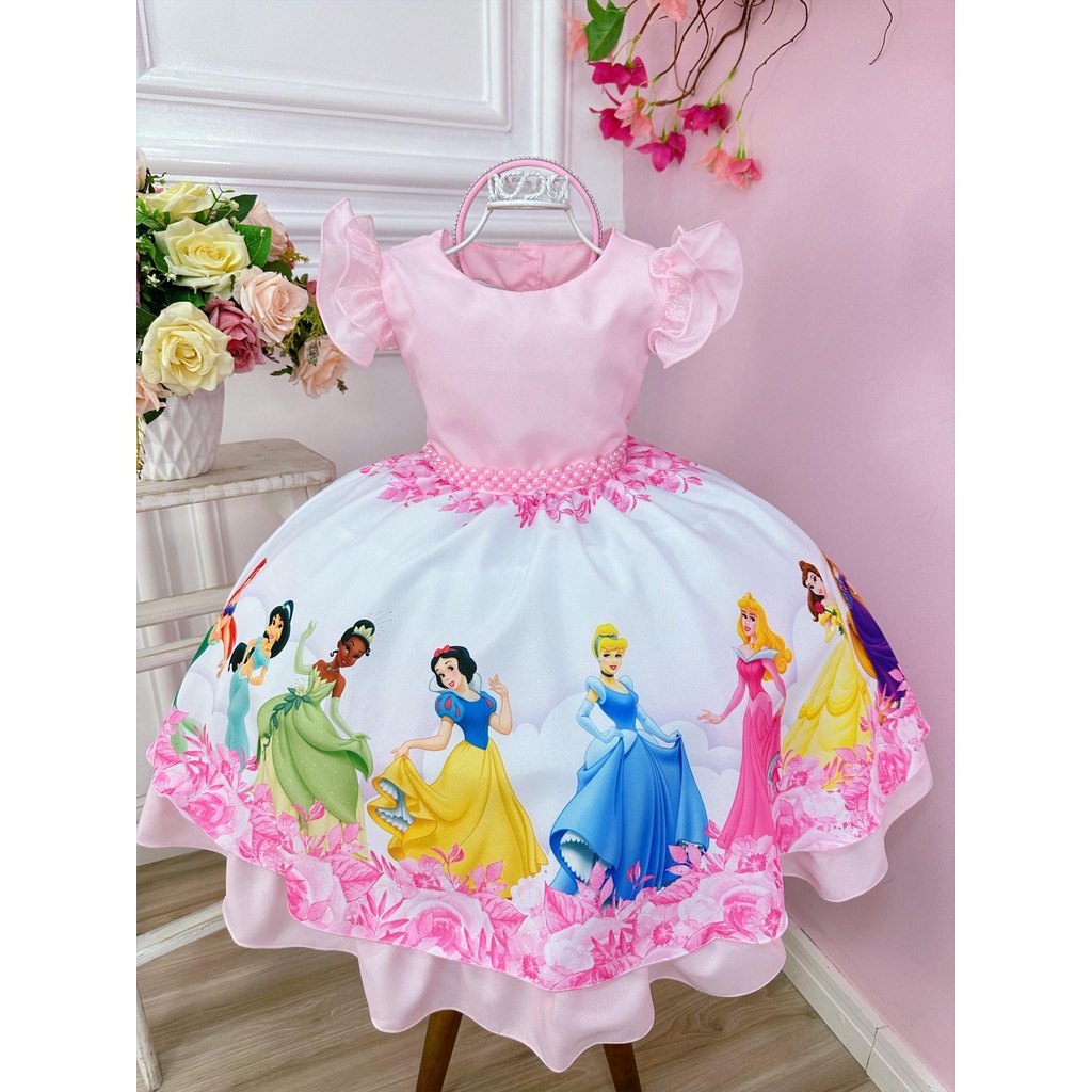 Vestido Infantil Princesas Rosa Luxo Festa Anivers Rio Tiara Shopee